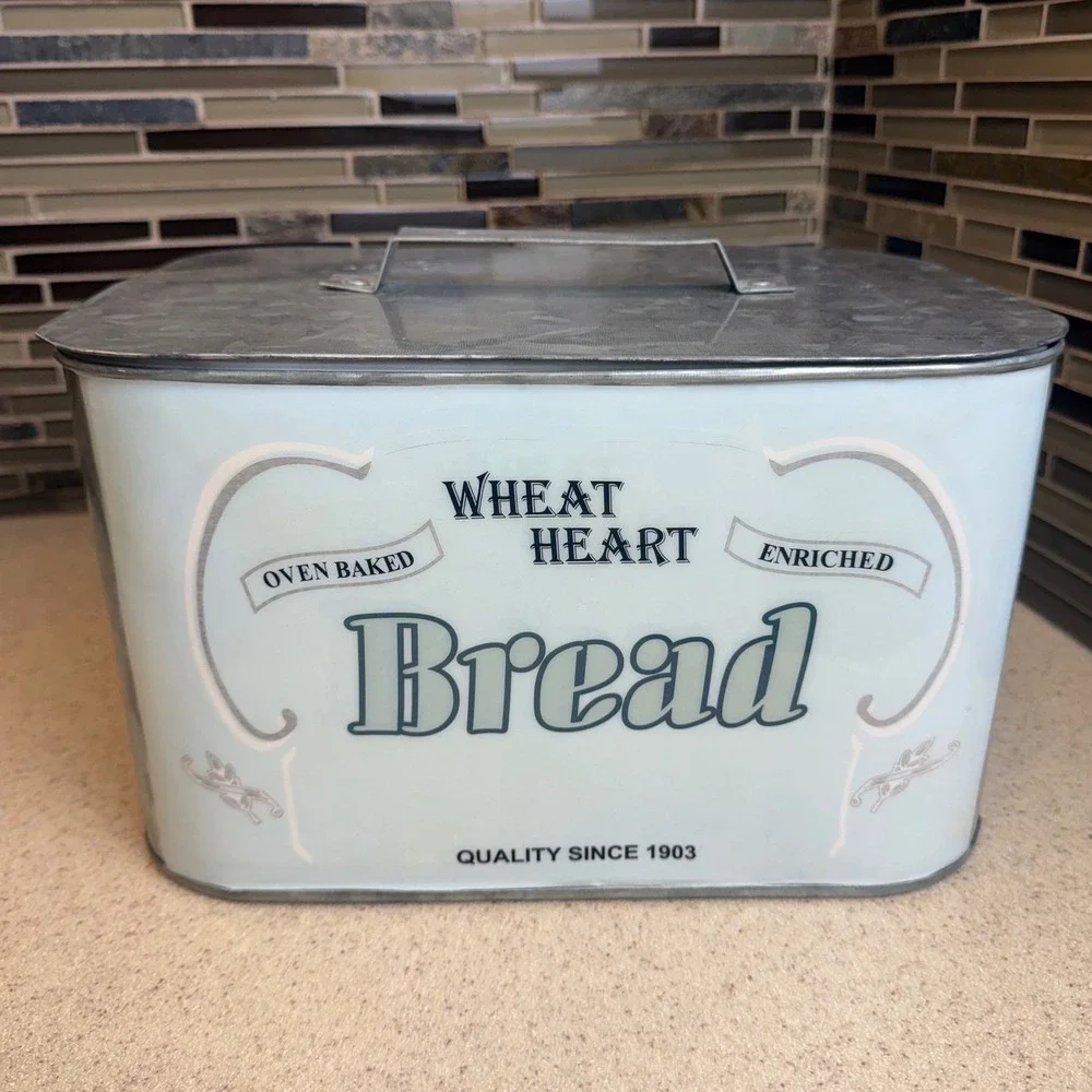Vintage Galvanized Metal Bread Box Wheat Heart Bread Farmhouse Rustic Decor